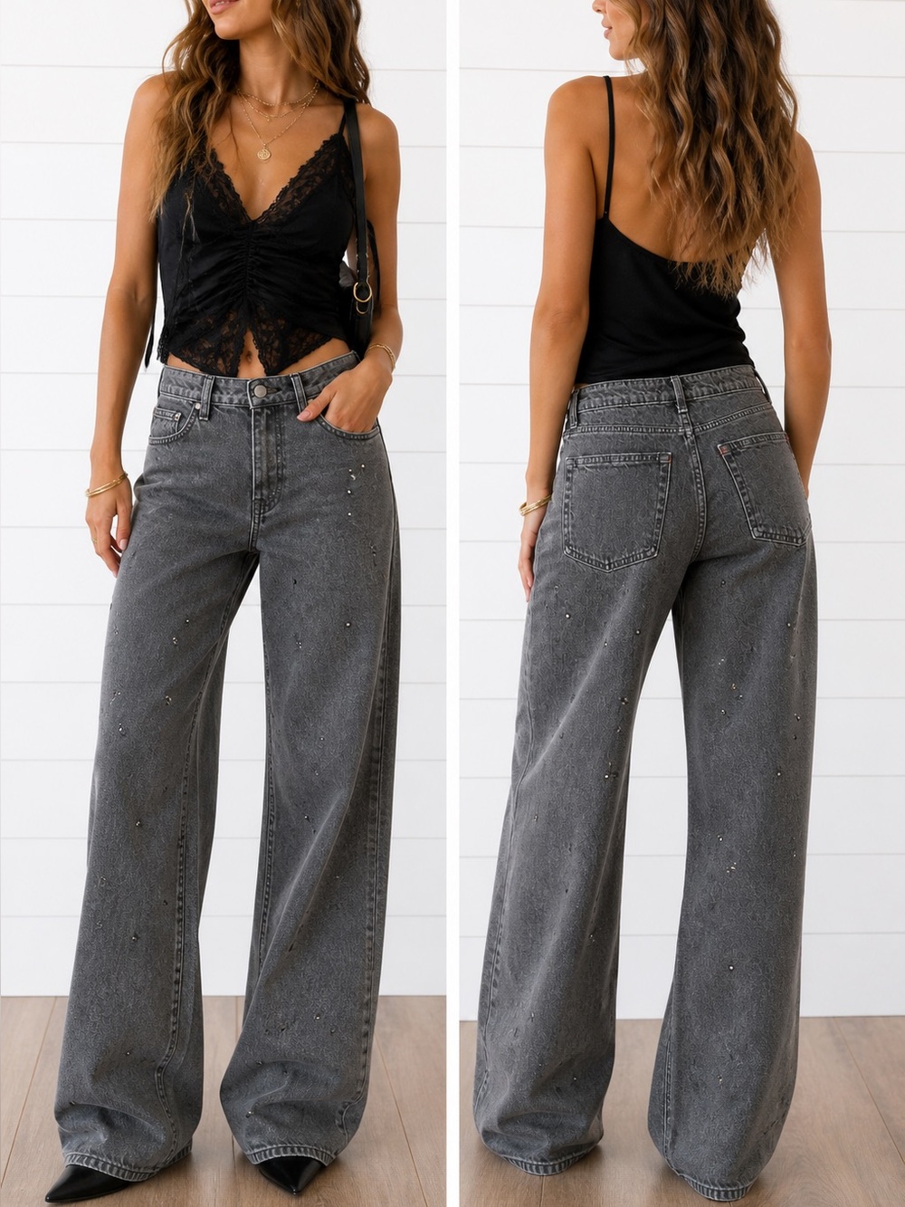Edgly Black Sparkle Wide Leg High-Rise Grey Jeans - Size 6
